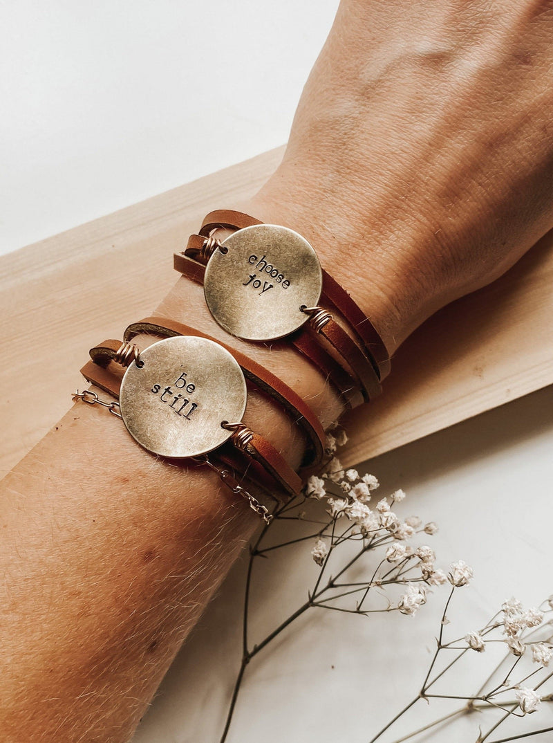 Leather Wrap Bracelet with Brass Round