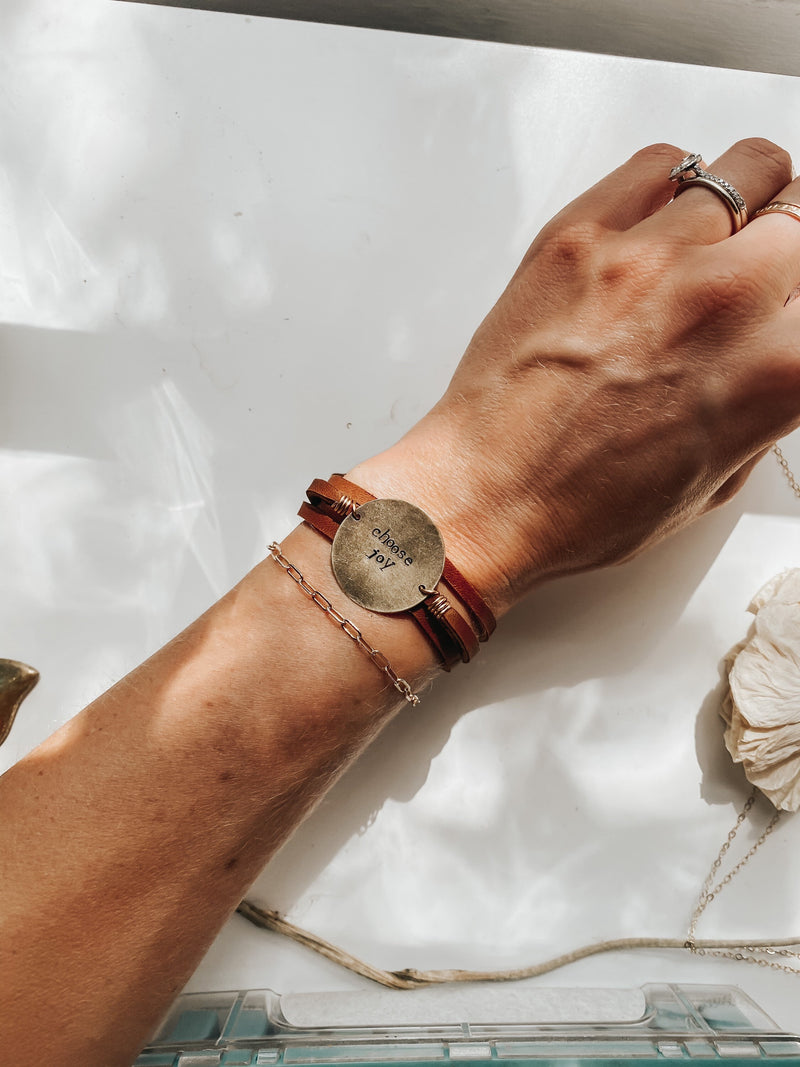 Leather Wrap Bracelet with Brass Round